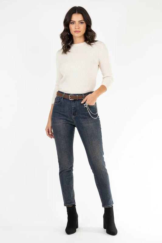 Дамски дънки с висока талия и ръждив ефект – Urban Chain Denim-дънки-6Sense