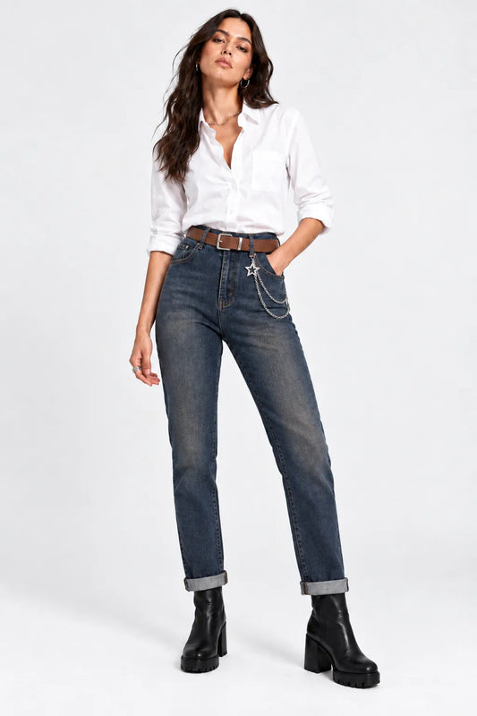 Дамски дънки с висока талия и ръждив ефект – Urban Chain Denim-дънки-6Sense
