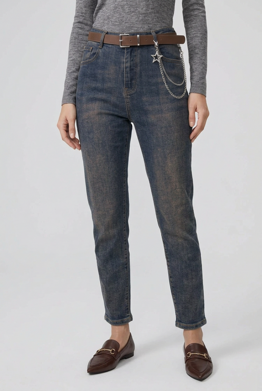Дамски дънки с висока талия и ръждив ефект – Urban Chain Denim