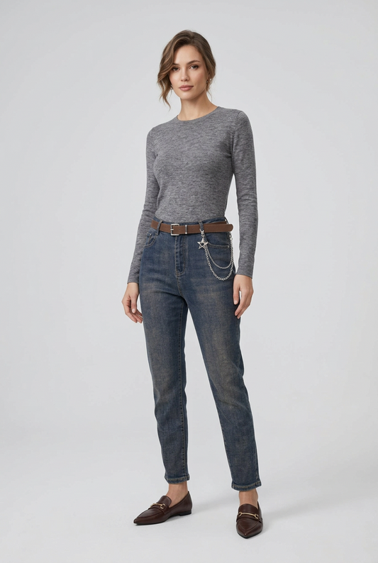 Дамски дънки с висока талия и ръждив ефект – Urban Chain Denim