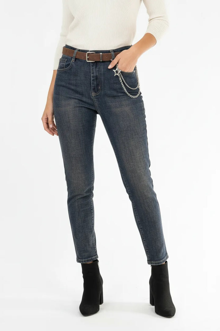 Дамски дънки с висока талия и ръждив ефект – Urban Chain Denim-дънки-6Sense