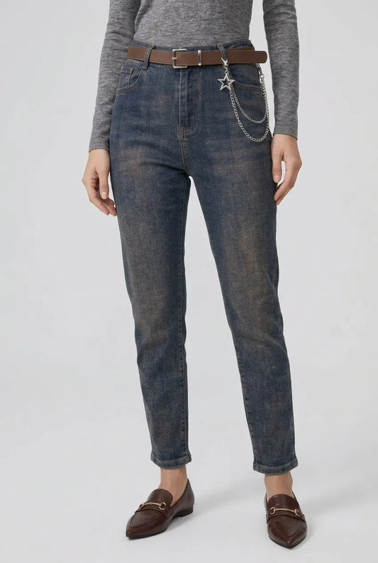 Дамски дънки с висока талия и ръждив ефект – Urban Chain Denim-дънки-6Sense