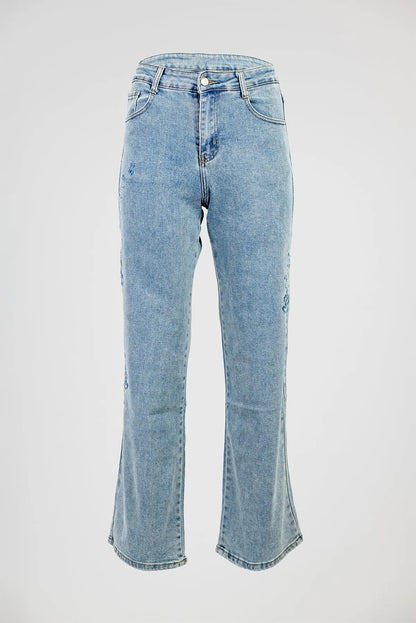 Дамски дънки със светъл деним и флорална бродерия - Denim flower-дънки-6Sense