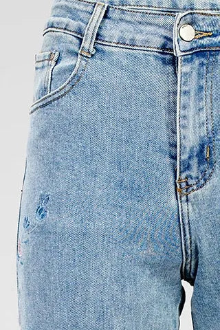 Дамски дънки със светъл деним и флорална бродерия - Denim flower-дънки-6Sense