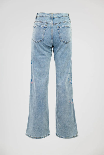 Дамски дънки със светъл деним и флорална бродерия - Denim flower-дънки-6Sense