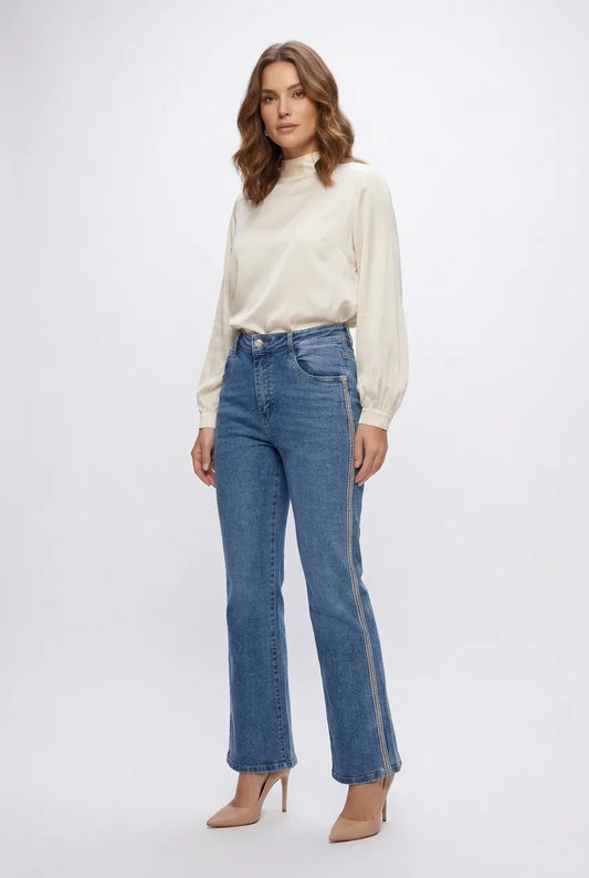 Дамски дънки тип чарлстон с декоративен кант – Blue Flare Denim-дънки-6Sense