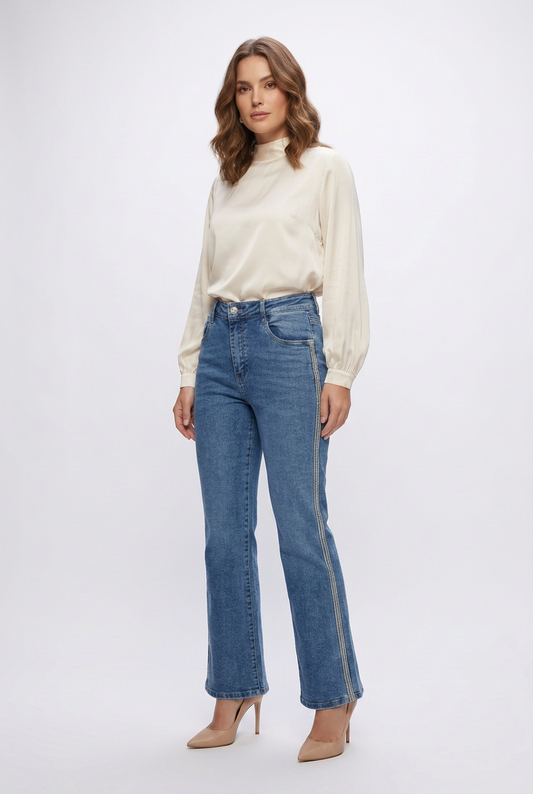 Дамски дънки тип чарлстон с декоративен кант – Blue Flare Denim