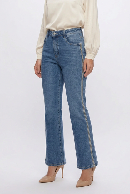 Дамски дънки тип чарлстон с декоративен кант – Blue Flare Denim