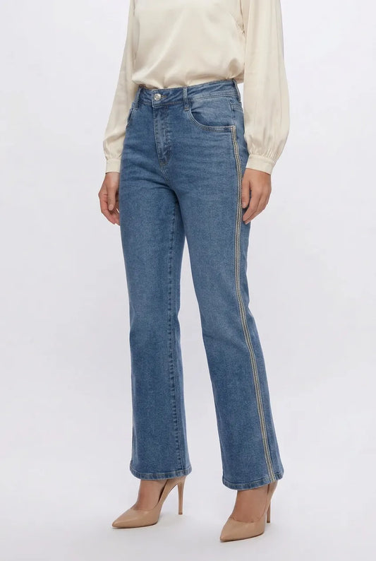 Дамски дънки тип чарлстон с декоративен кант – Blue Flare Denim