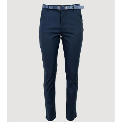 Elegant dark blue women's trousers with a straight cut, mid-rise waist, and a matching belt.