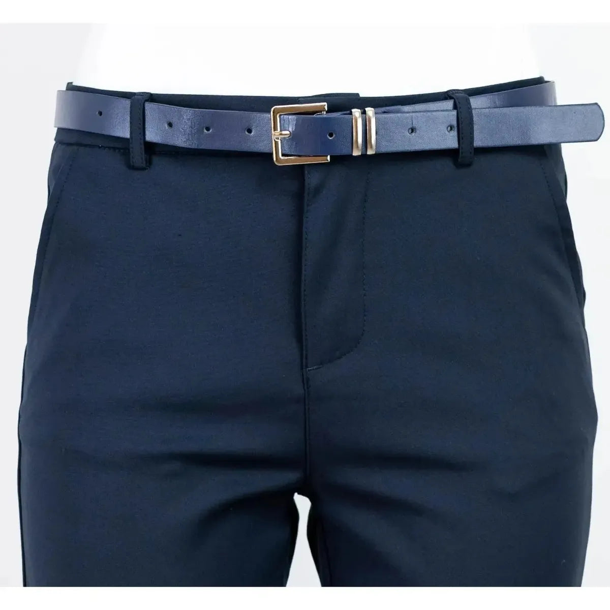 Elegant dark blue women's trousers with a matching belt, featuring a straight cut and mid-rise waist.