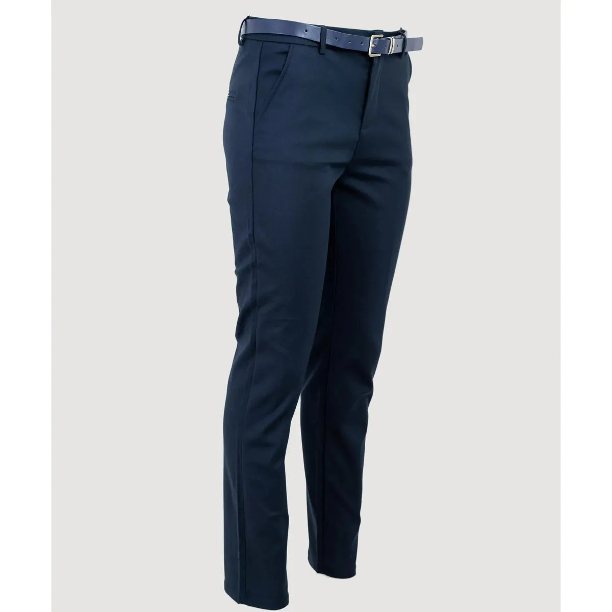 Elegant dark blue women's trousers with a straight cut, mid-rise waist, belt loops, and a matching belt.