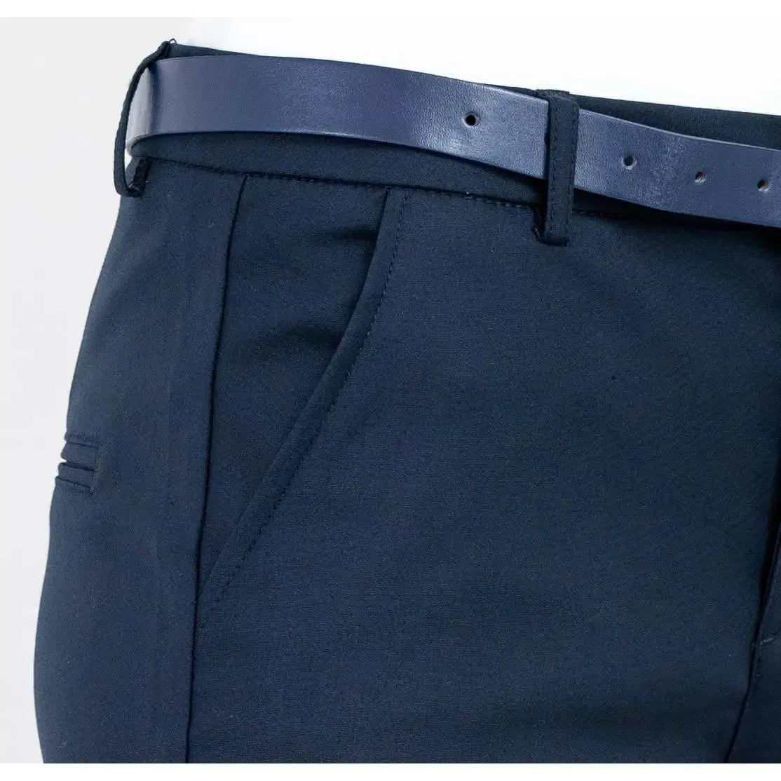 Elegant dark blue women's trousers with a matching belt, featuring a side pocket and belt loops.