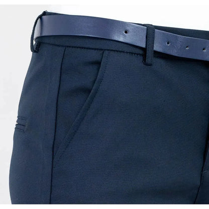 Elegant dark blue women's trousers with a matching belt, featuring a side pocket and belt loops.