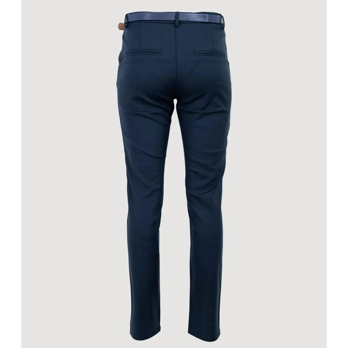 Elegant dark blue women's trousers with a straight leg, mid-rise waist, belt loops, and decorative back pockets.