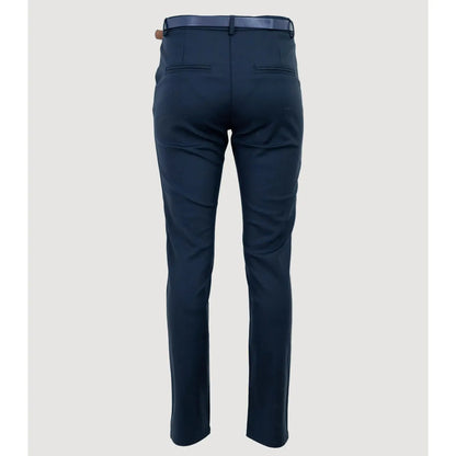 Elegant dark blue women's trousers with a straight leg, mid-rise waist, belt loops, and decorative back pockets.