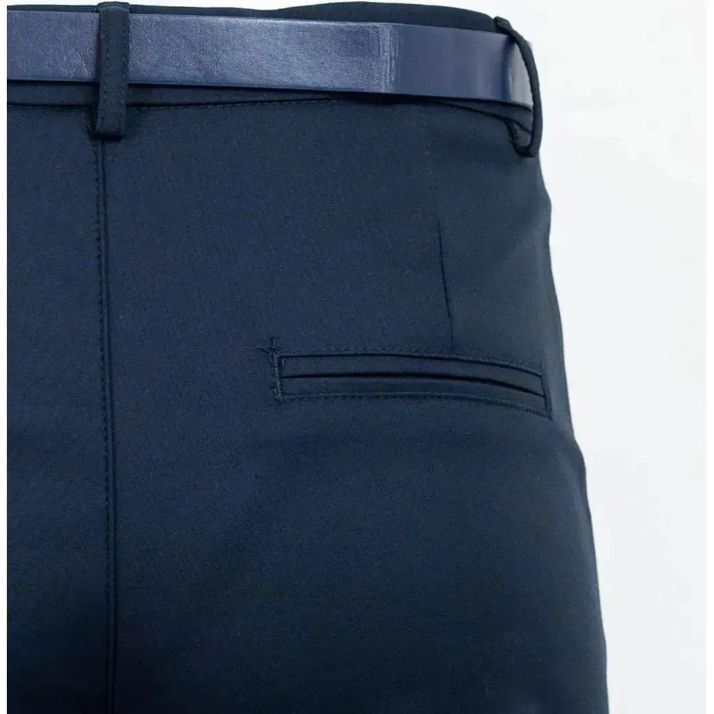 Elegant dark blue women's trousers with a sleek design, belt loops, and a decorative back pocket.