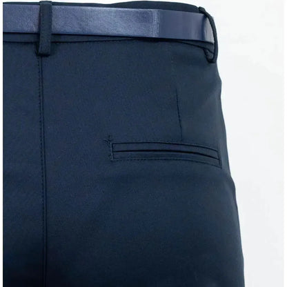 Elegant dark blue women's trousers with a sleek design, belt loops, and a decorative back pocket.