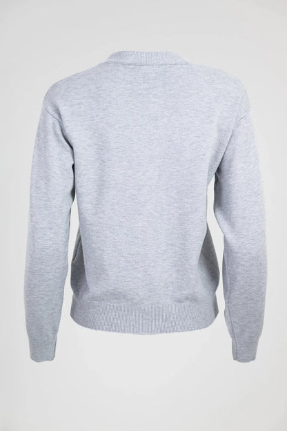 Дамски фино плетен пуловер с апликация мечок - Silver Bear-6Sense