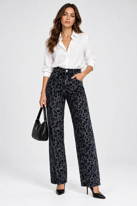 Дамски графитени дънки с релефен леопардов принт – Velvet Leopard Denim-дънки-6Sense