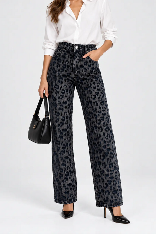 Дамски графитени дънки с релефен леопардов принт – Velvet Leopard Denim-дънки-6Sense