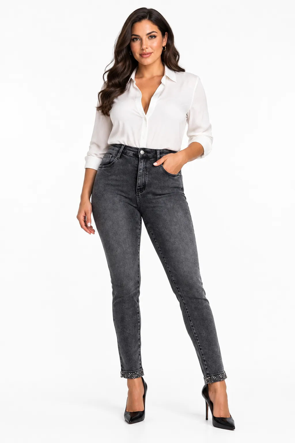 Дамски графитени дънки със слим кройка и камъни – Grey Crystal Denim-дънки-6Sense