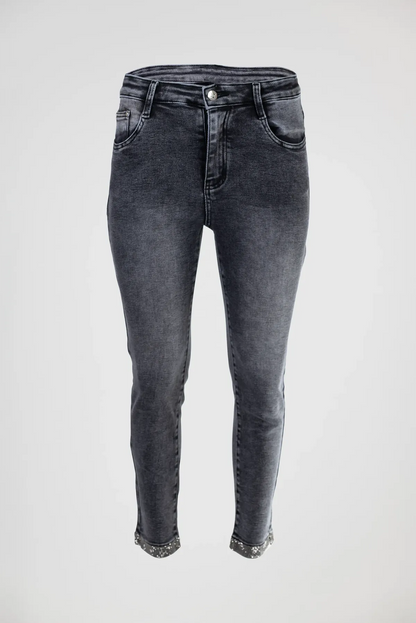 Дамски графитени дънки със слим кройка и камъни – Grey Crystal Denim-дънки-6Sense