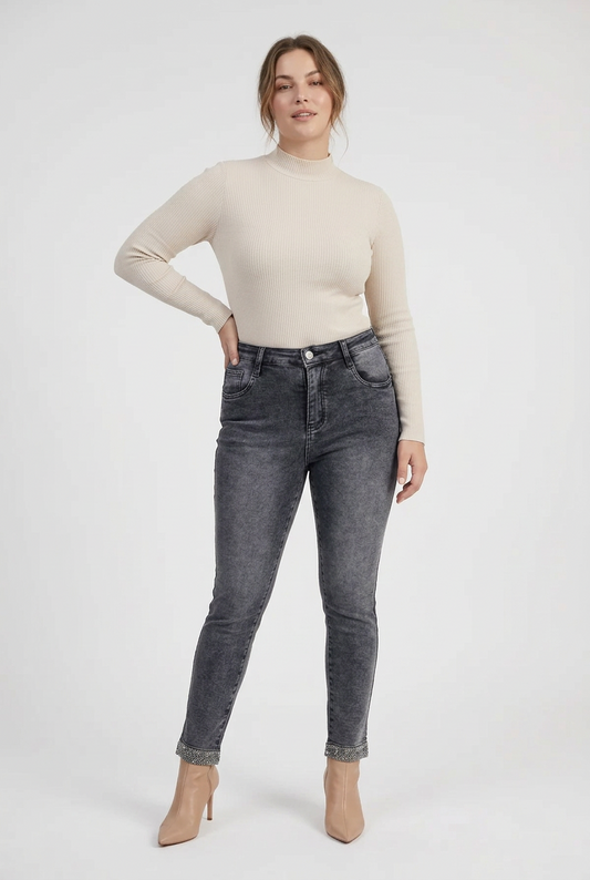 Дамски графитени дънки със слим кройка и камъни – Grey Crystal Denim