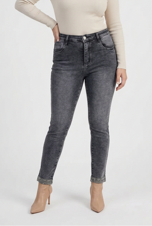 Дамски графитени дънки със слим кройка и камъни – Grey Crystal Denim
