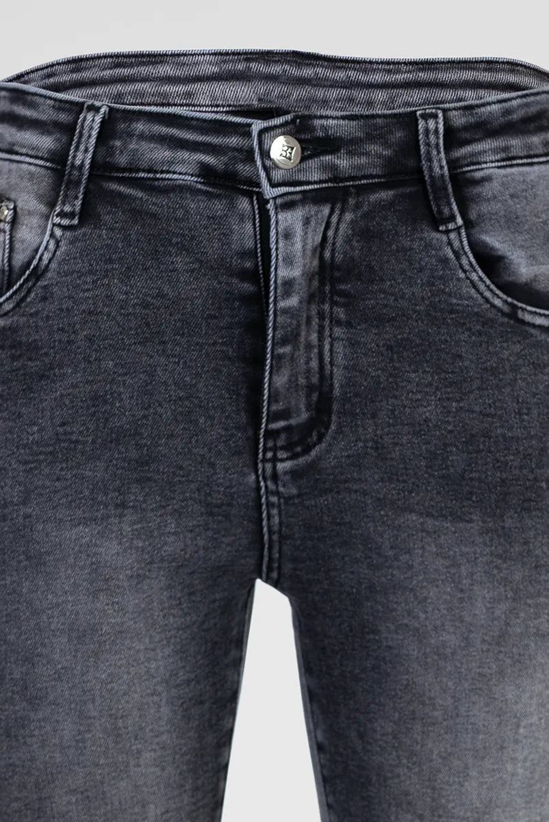Дамски графитени дънки със слим кройка и камъни – Grey Crystal Denim-дънки-6Sense