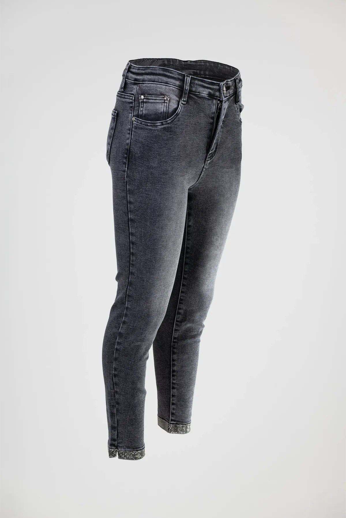 Дамски графитени дънки със слим кройка и камъни – Grey Crystal Denim-дънки-6Sense