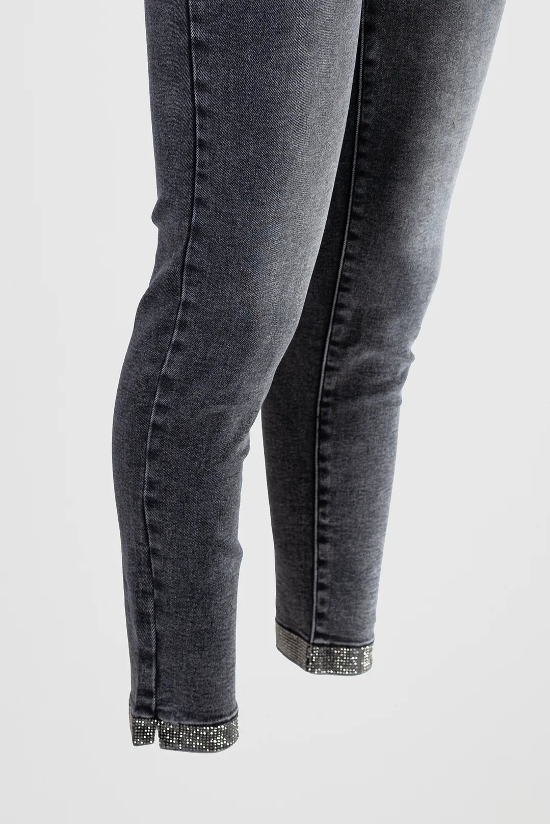 Дамски графитени дънки със слим кройка и камъни – Grey Crystal Denim-дънки-6Sense