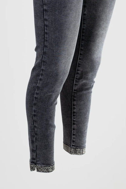Дамски графитени дънки със слим кройка и камъни – Grey Crystal Denim-дънки-6Sense