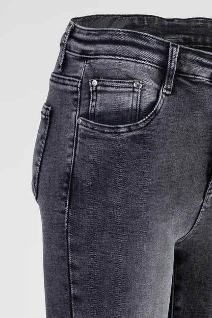 Дамски графитени дънки със слим кройка и камъни – Grey Crystal Denim-дънки-6Sense