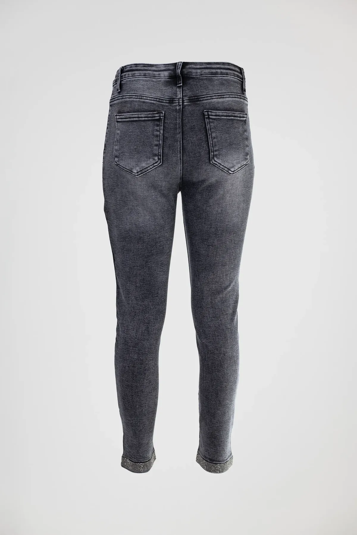 Дамски графитени дънки със слим кройка и камъни – Grey Crystal Denim-дънки-6Sense