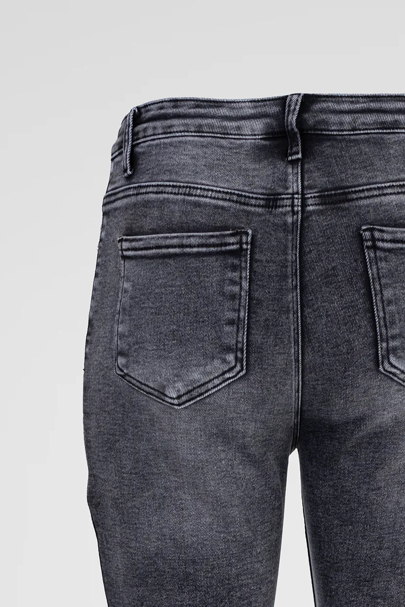 Дамски графитени дънки със слим кройка и камъни – Grey Crystal Denim-дънки-6Sense