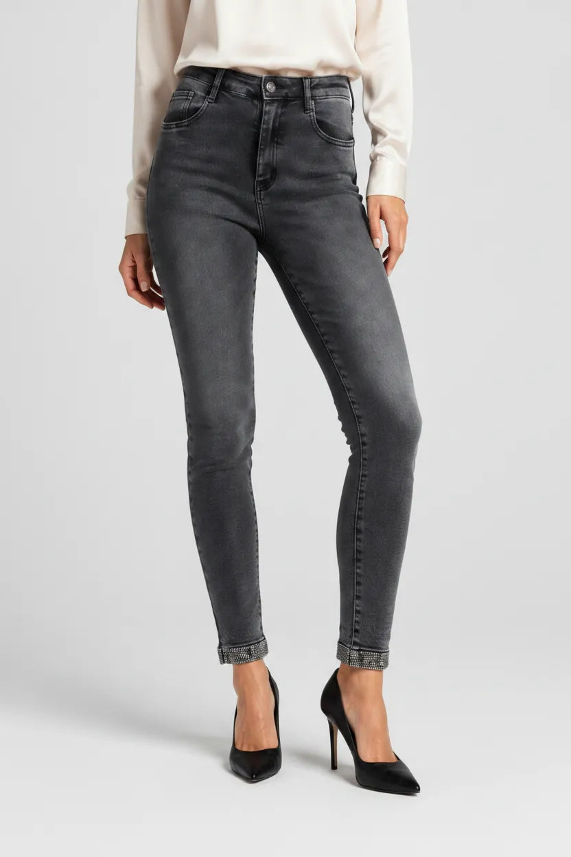 Дамски графитени дънки със слим кройка и камъни – Grey Crystal Denim-дънки-6Sense