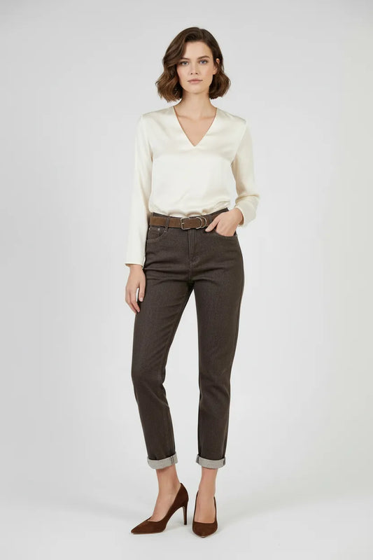 Дамски кафяви дънки -еластични с висока талия – Mocha Straight Denim-дънки-6Sense