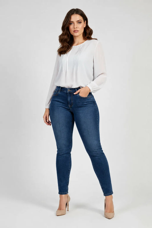 Дамски класически сини дънки със слим кройка – Classic Blue Denim-дънки-6Sense
