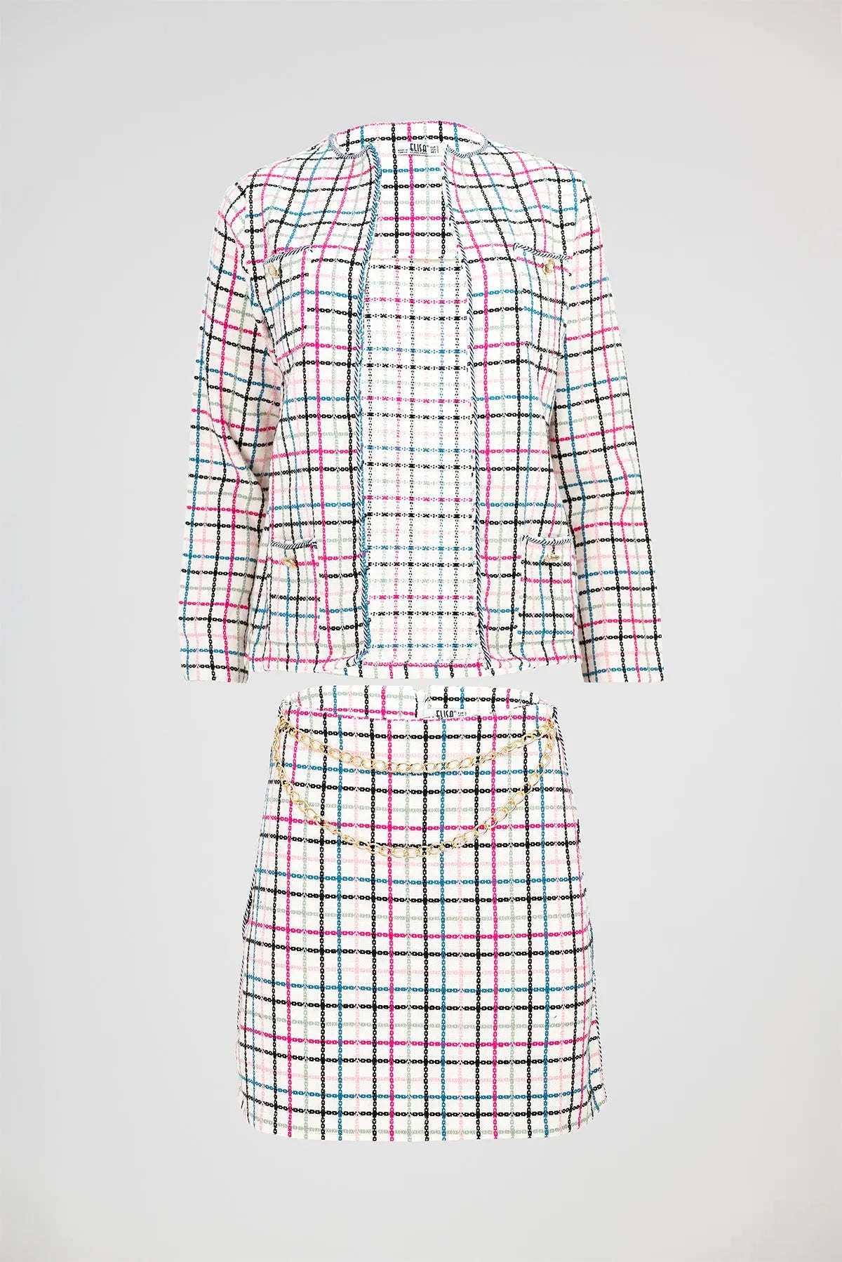 Дамски комплект – сако и пола в бяло с многоцветно каре - Evelyn-комплекти-6Sense