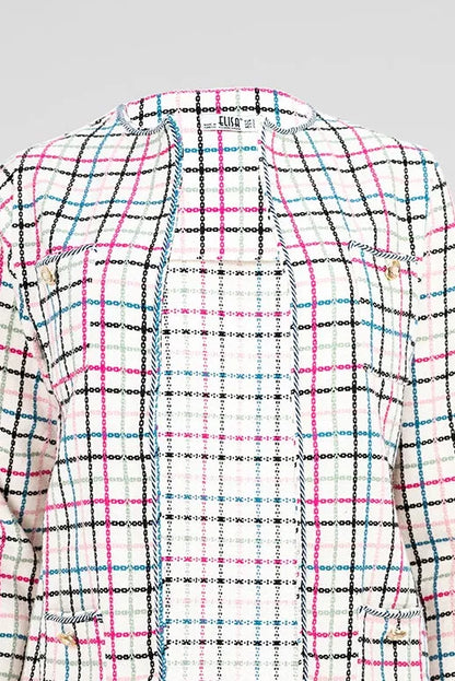 Дамски комплект – сако и пола в бяло с многоцветно каре - Evelyn-комплекти-6Sense