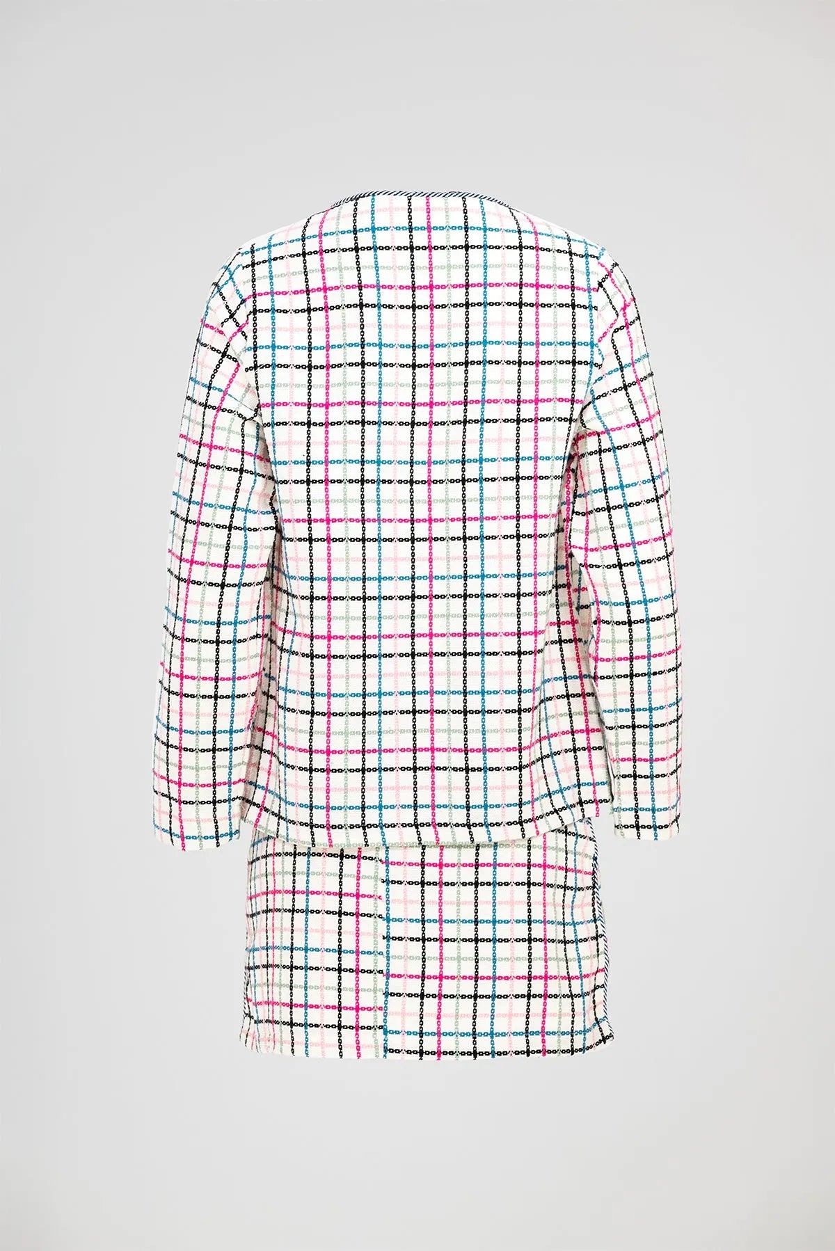 Дамски комплект – сако и пола в бяло с многоцветно каре - Evelyn-комплекти-6Sense