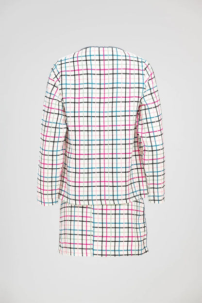 Дамски комплект – сако и пола в бяло с многоцветно каре - Evelyn-комплекти-6Sense