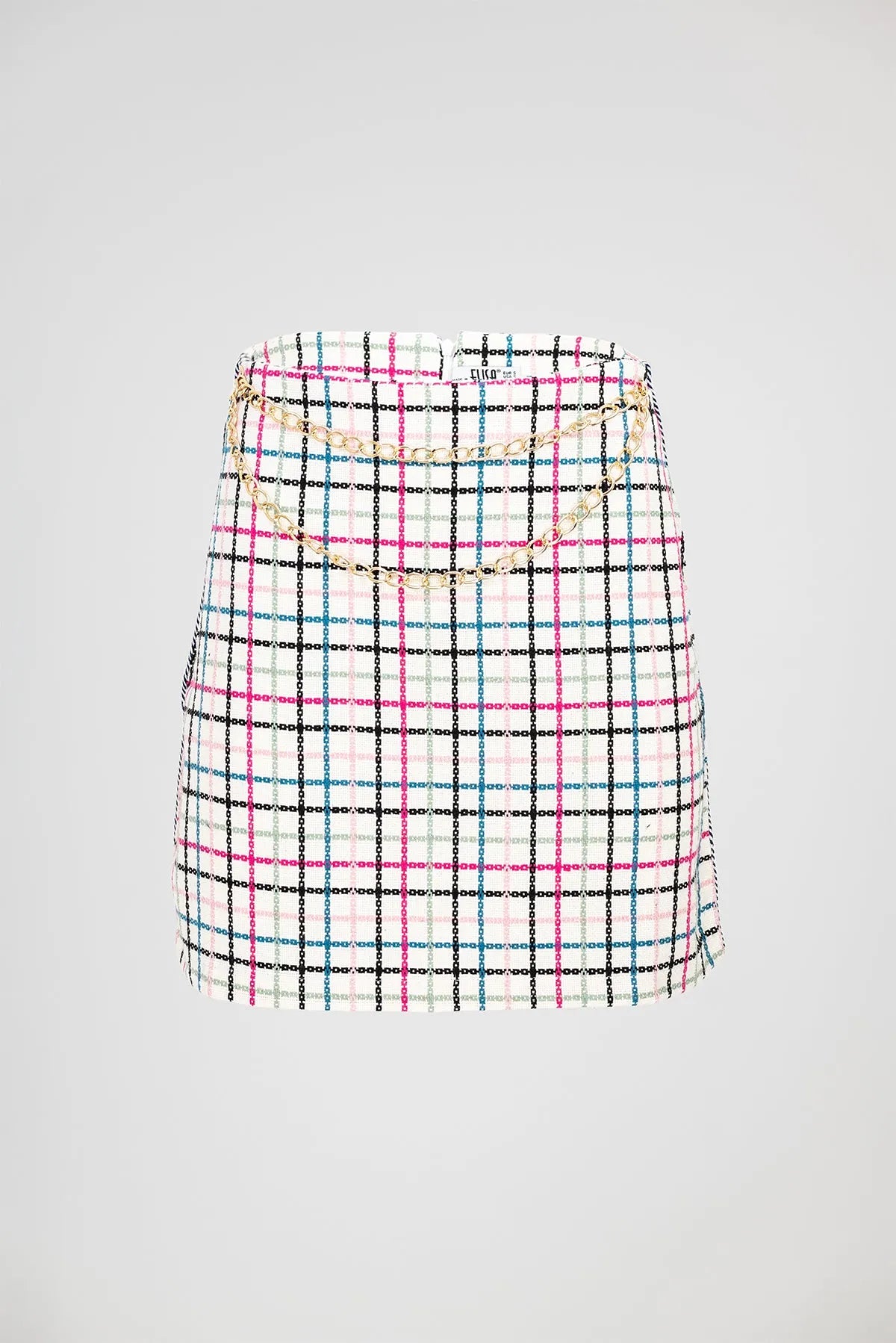 Дамски комплект – сако и пола в бяло с многоцветно каре - Evelyn-комплекти-6Sense