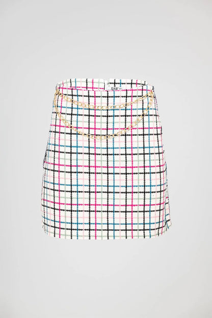 Дамски комплект – сако и пола в бяло с многоцветно каре - Evelyn-комплекти-6Sense