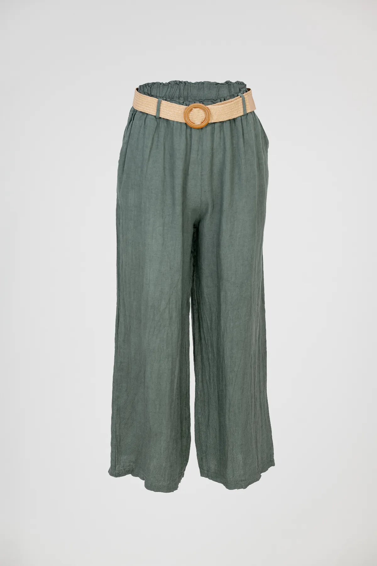 Дамски ленен панталон с широки крачоли в маслинено - Sage Breeze-панталони-6Sense