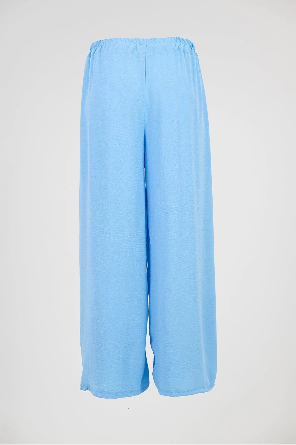 Sky Flow light blue wide-leg summer pants with elastic waist, perfect for comfort and style.