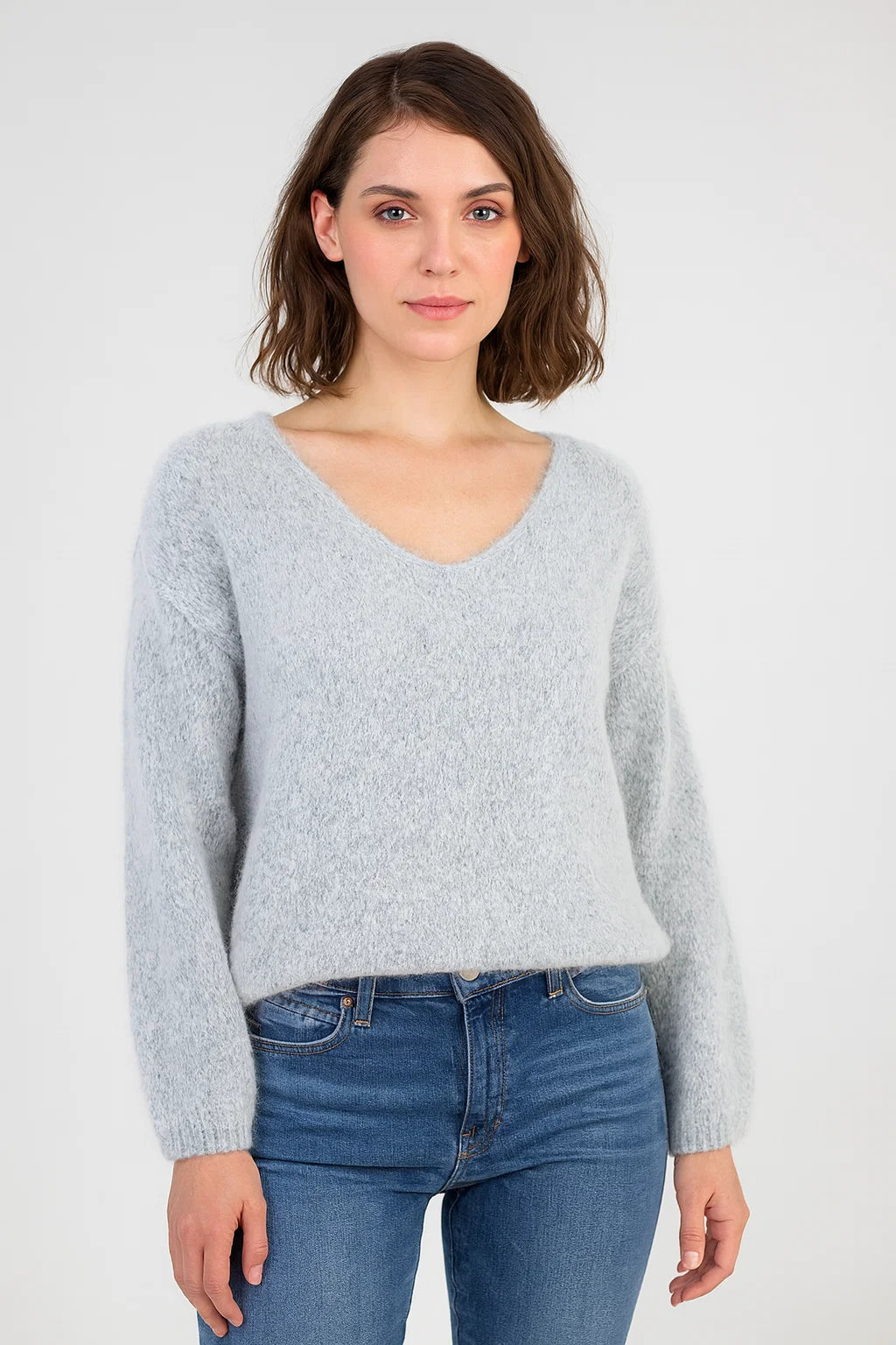 Дамски мохеров пуловер - светлосив - Silver Mohair-6Sense