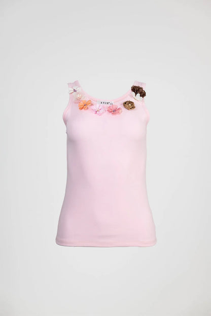 Дамски памучен потник с флорални декоративни акценти – Soft Blossom-потник-6Sense
