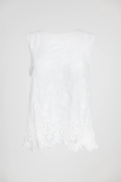 Дамски памучен топ с флорална бродерия и дантелен кант - White Daisy-потник-6Sense